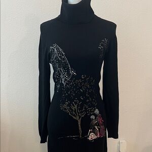 Angela Mele Milano Small Black Turtleneck Sweater Dress with Artistic Tree Print